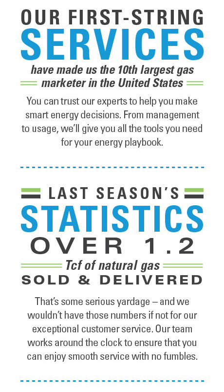 Our first-string services have made us the 10th largest gas marketer in the United States. You can trust our experts to help you make smart energy decisions. From management to useage, we'll give you all the tools you need for your energy playbook. Last season's statistics: over 1.2 Tcf of natural gas sold and delivered. That's some serious yardage — and we wouldn't have those numbers if not for our exceptional customer service. Our team works around the clock to ensure that you can enjoy smooth service with no fumbles.